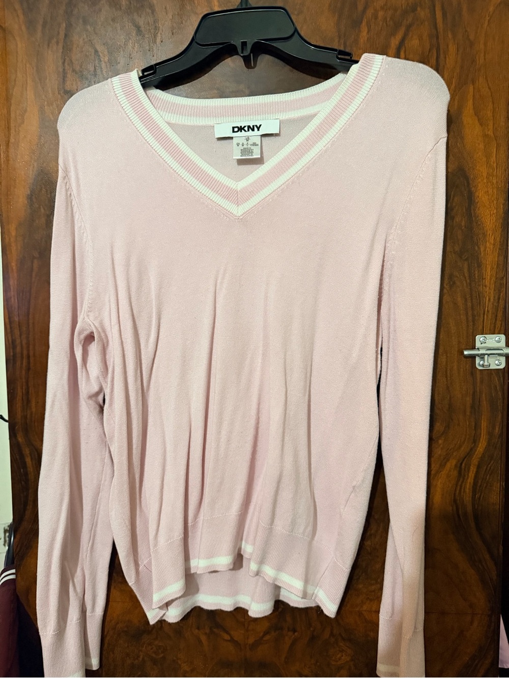DKNY Light Pink V-Neck Sweater with White Trim